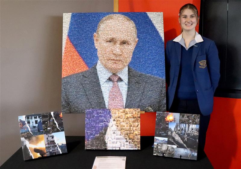 Bella D (Year 10) with her artwork "Destroying Beautiful Country"